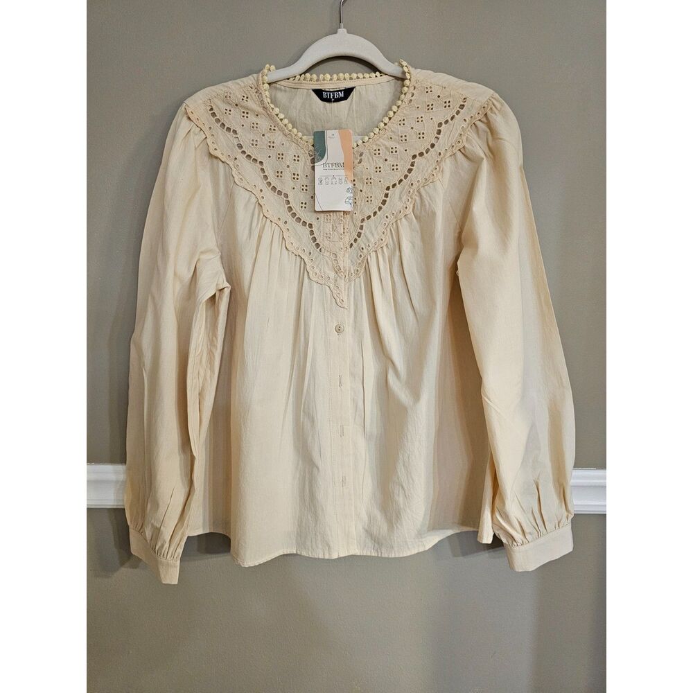 BTFBM Cream Lace Detail Blouse Boho Cottagecore Long Sleeve Size Medium